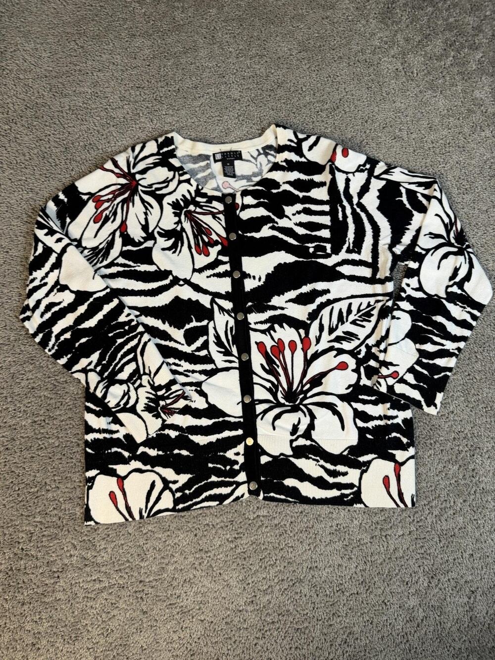 Carole Little Cardigan Sweater Womens 1X Black Animal Print Button Front